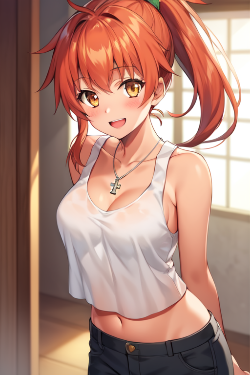 nami, 1girl, long hair, ponytail, tan, solo, tank top, cleavage, looking at viewer, smile, open mouth, pants, jewelry, cro...